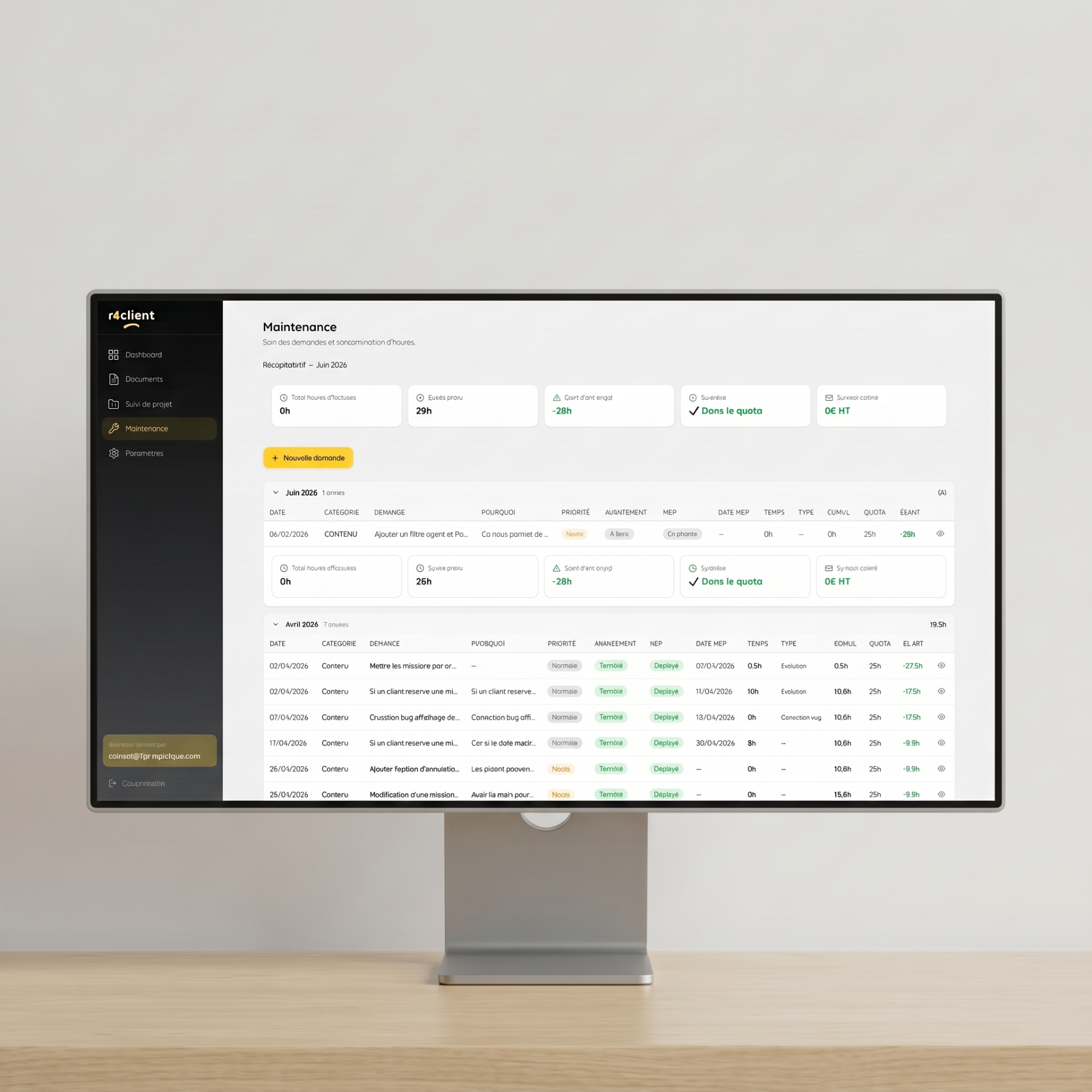 Aperçu de la plateforme client r4client sur un écran